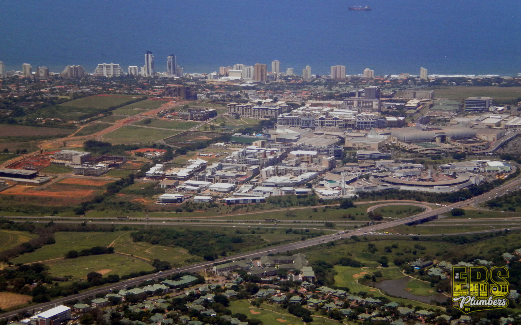 Aerial view of Umhlanga and the coastal area near Sibaya with the ERS Plumbers watermark