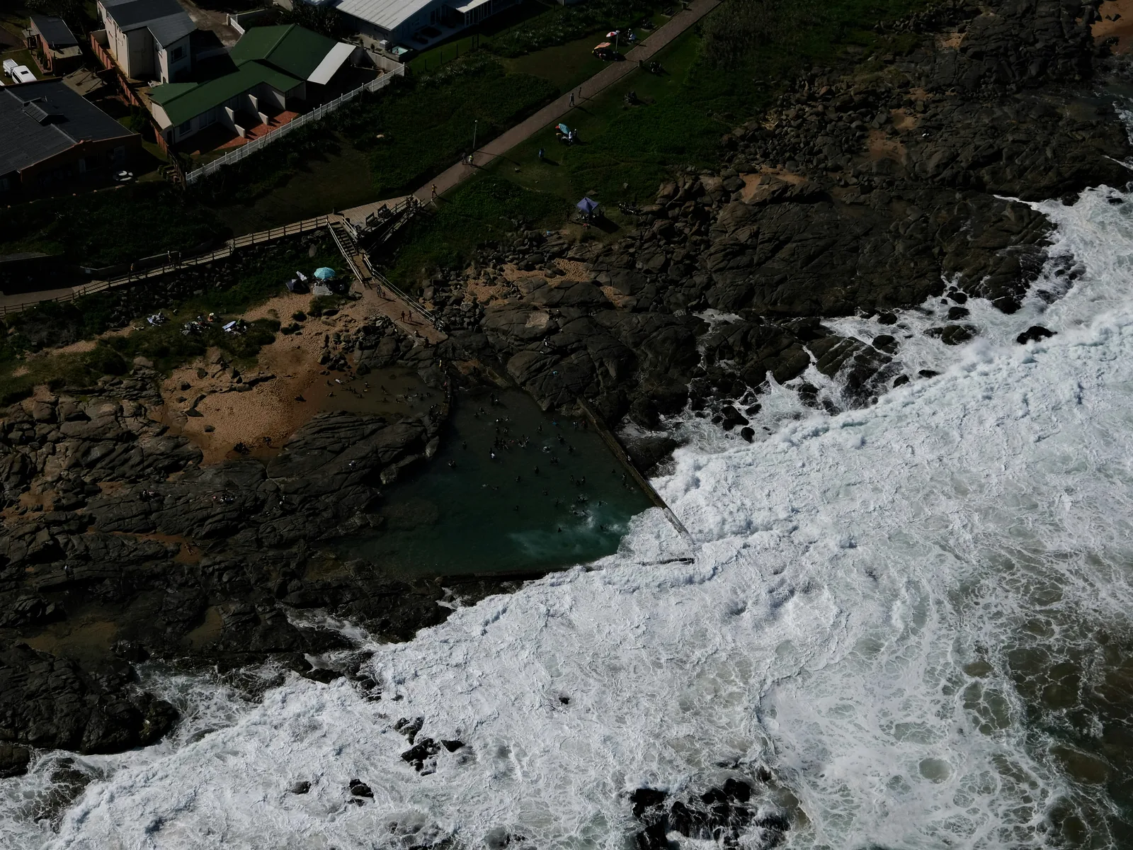 Aerial view of a rocky Ballito tidal pool and coastline