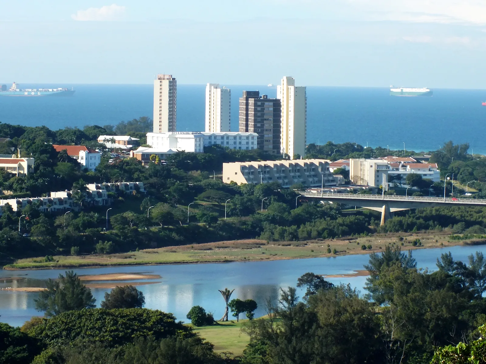 Blue Lagoon and the Umgeni River with Durban North buildings and the Indian Ocean beyond