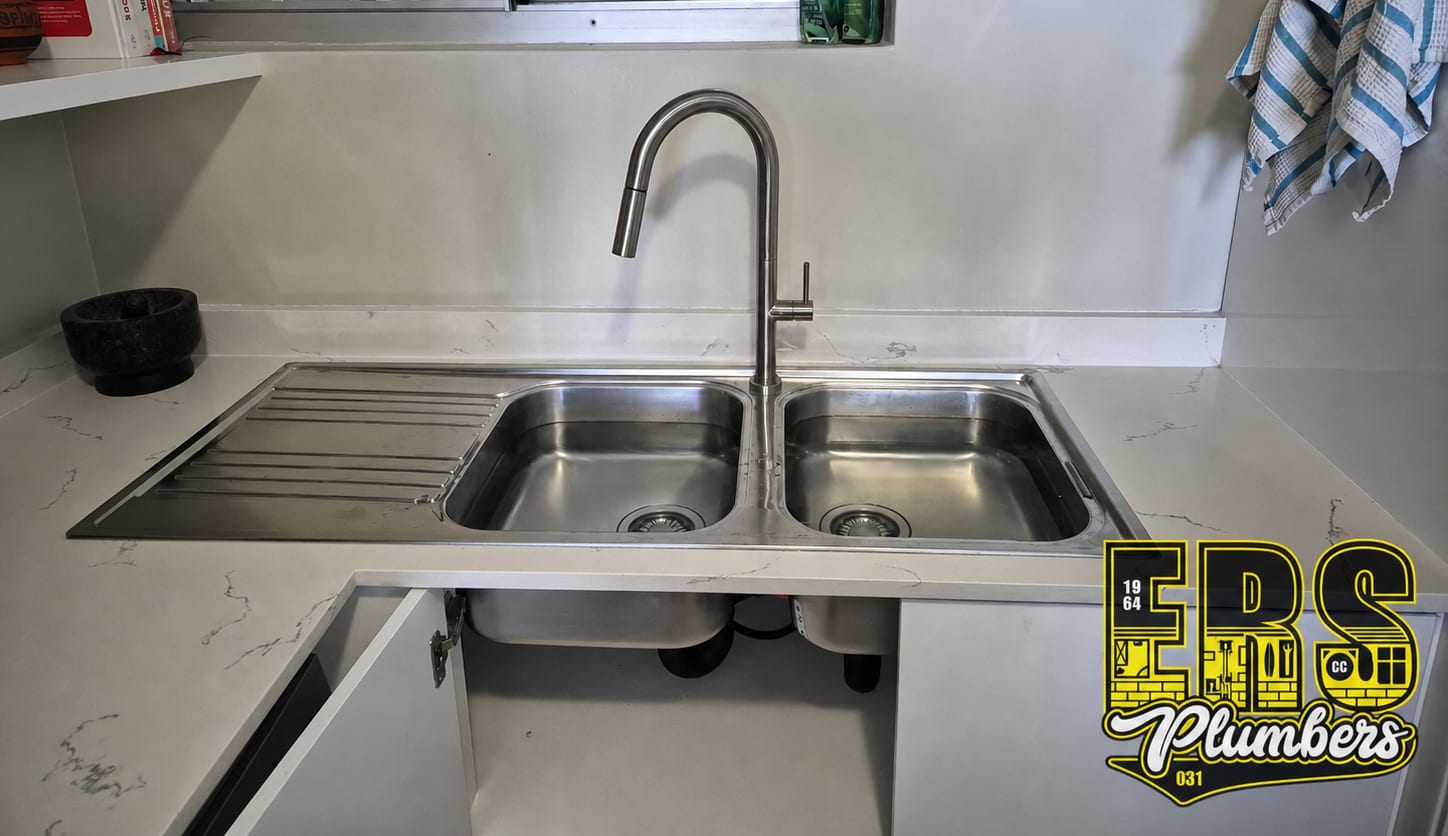 New gooseneck kitchen mixer and sink installation by ERS Plumbers in Durban North
